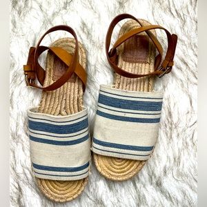 Tory Burch Ivory Blue Stretch Canvas Espadrille Ankle Strap Sandal 6.5